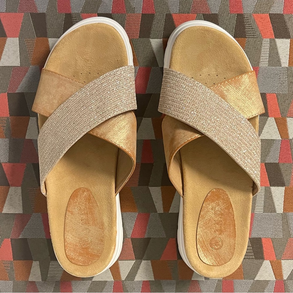 G.N.D. Crossover Platform Sandal - White Tan & Gold Tones - Size 10 - Picture 7 of 12